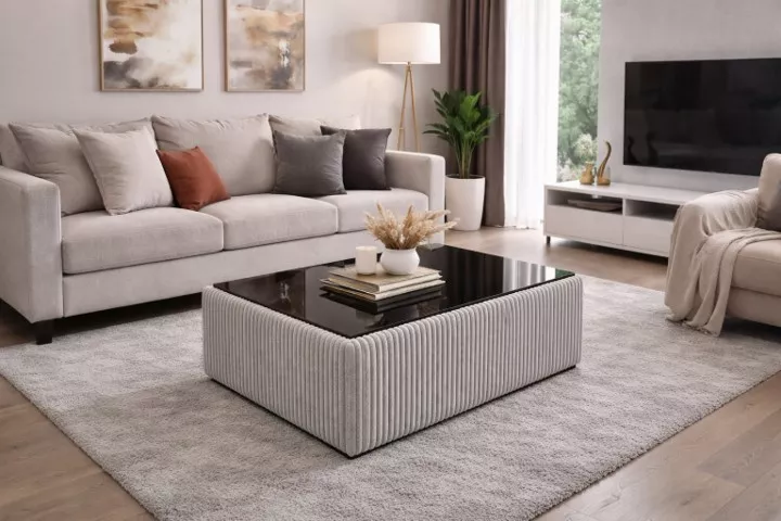 Masute cafea - Masuta cafea tapitata LIMA gri deschis si blat MDF negru lucios