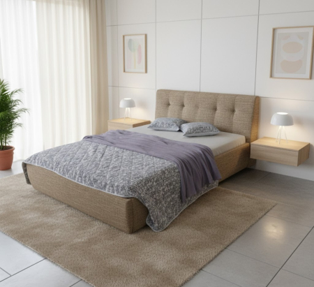 Paturi tapitate - Pat tapițat Dana 200*140 stofa bej cu somieră rabatabilă și ladă depozitare