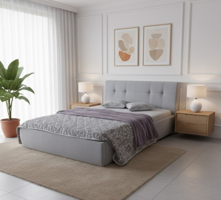 Paturi tapitate - Pat tapițat Dana 200*160 cm stofa gri deschis cu somieră rabatabilă și ladă depozitare