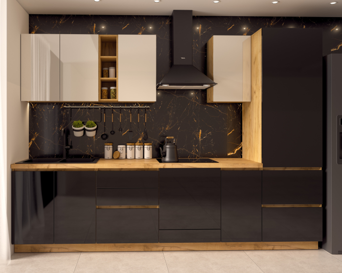 Bucatarie Chelsea, Stejar K003 - Alb/Negru, 300x60x215cm [3]