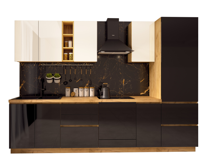 Bucatarie Chelsea, Stejar K003 - Alb/Negru, 300x60x215cm [9]