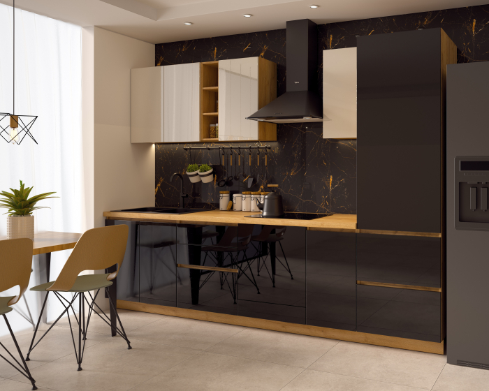 Bucatarie Chelsea, Stejar K003 - Alb/Negru, 300x60x215cm [5]