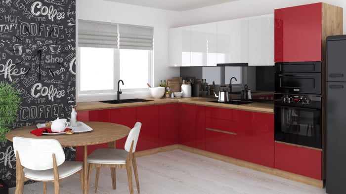 Bucatarie colt Chelsea V2, 221 300x60x200 cm, Alb Rosu  Stejar K003