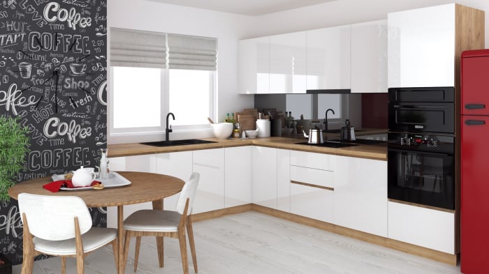 Bucatarie colt Chelsea V2, 221 300x60x200 cm, Alb Stejar K003