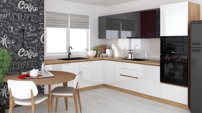 Bucatarie colt Chelsea V2 ,221 300x60x200 cm, Gri antracit , Alb  Stejar K003