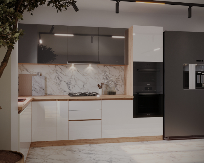 Bucatarie colt Chelsea V2 ,221/300x60x200 cm, Gri antracit , Alb /Stejar K003 [3]