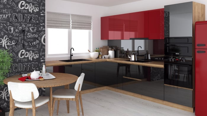 Bucatarie colt Chelsea V2, 221 300x60x200 cm, Rosu, Antracit  Stejar K003