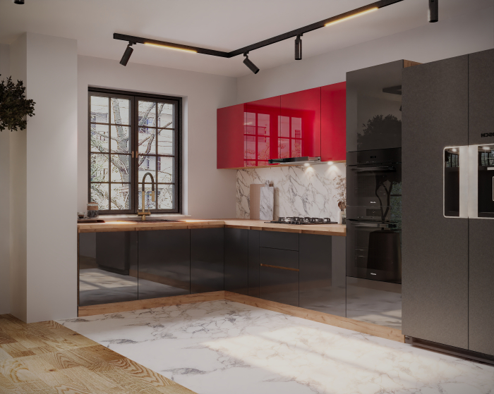 Bucatarie colt Chelsea V2, 221/300x60x200 cm, Rosu, Antracit /Stejar K003 [5]