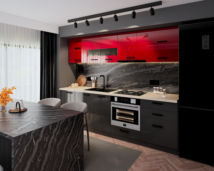 Bucatarie Daria MDF, V1 260x60x200cm, Rosu+ Antracit [4]