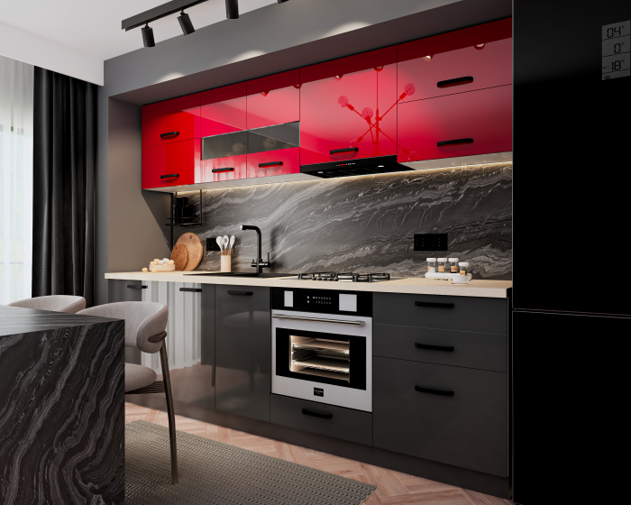 Bucatarie Daria MDF, V1 260x60x200cm, Rosu+ Antracit [2]