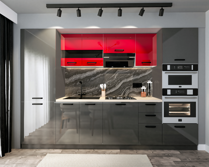 Bucatarie Daria, MDF Rosu+Gri antracit, 303x60x200cm