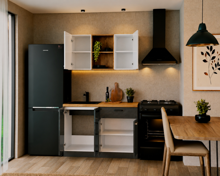 Bucatarie Daria MDF V1, 120x60x200cm, Alb lucios+Antracit [2]