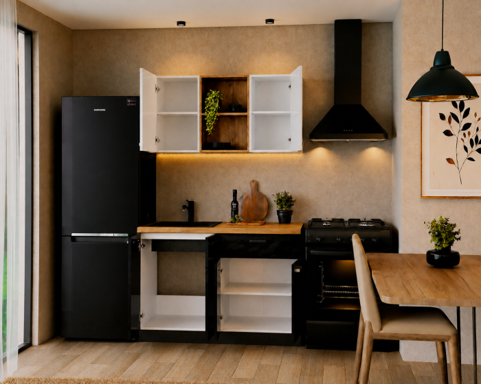 Bucatarie Daria MDF V1, 120x60x200cm, Alb lucios+Negru [2]