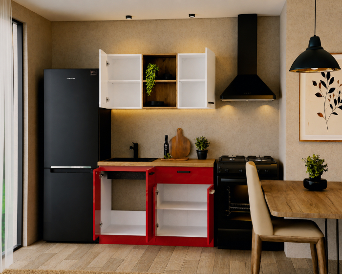 Bucatarie Daria MDF V1, 120x60x200cm, Alb lucios+Rosu [2]