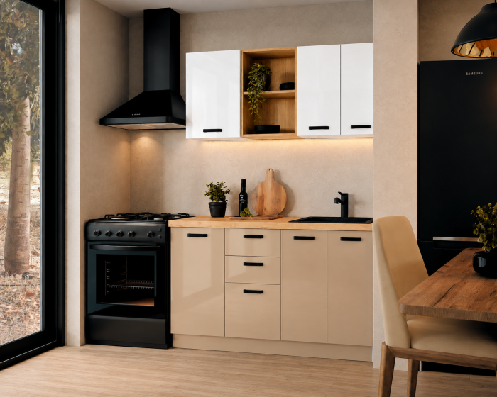 Bucatarie Daria MDF V1, 140x60x200cm, Acril Alb+Cappuccino [2]