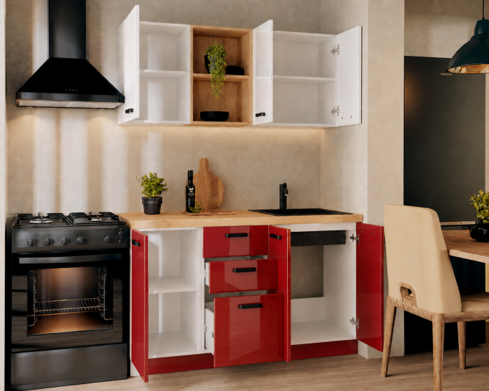 Bucatarie Daria MDF V1, 140x60x200cm, Acril Alb+Rosu [3]
