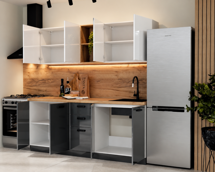 Bucatarie Daria MDF V1, 200x60x200cm, Acril Alb+Antracit [4]