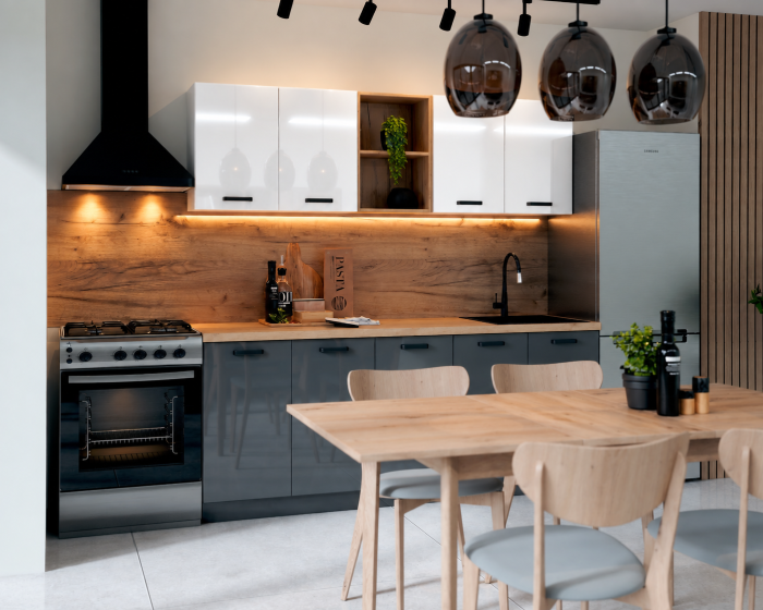 Bucatarie Daria MDF V1, 200x60x200cm, Acril Alb+Antracit [2]