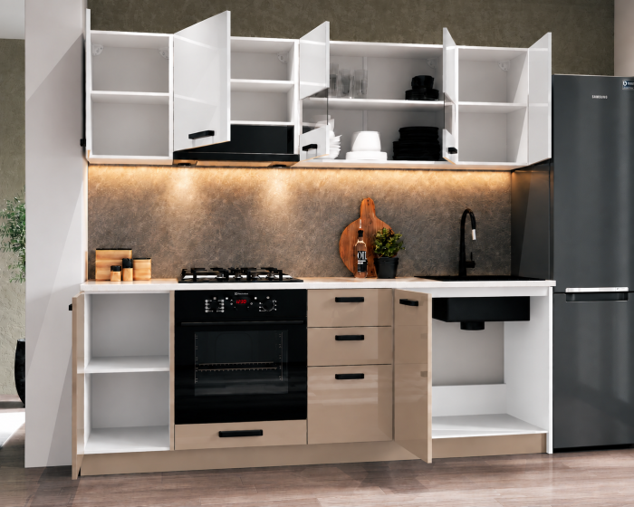 Bucatarie Daria MDF V1, 220x60x200cm, Acril Alb+Cappuccino [3]