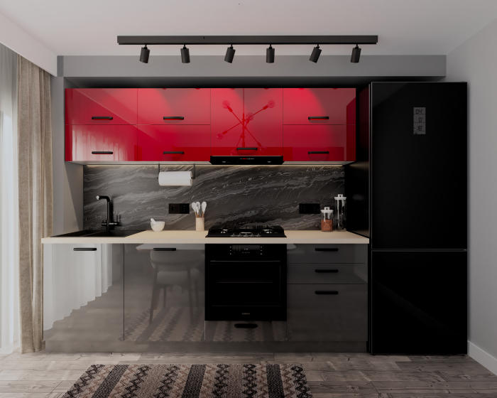 Bucatarie Daria V2, 240x60x200cm, Rosu+Antracit