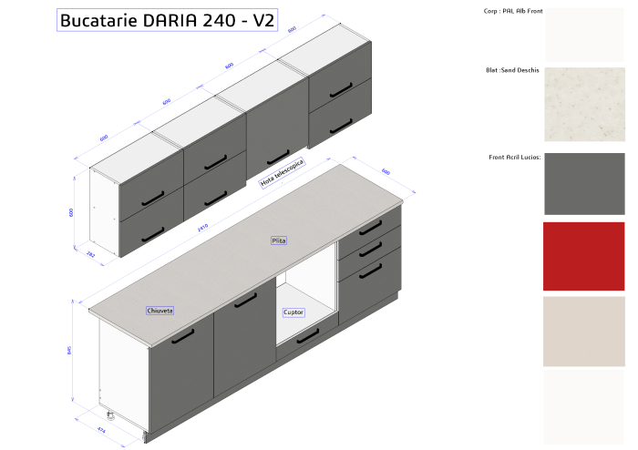Bucatarie Daria V2, 240x60x200cm, Rosu+Antracit [5]