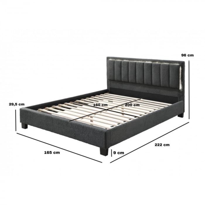 Pat tapitat Comfort 1 cu LED, 160x200, cadru din lemn cu somiera fixa, culoare Gri [6]
