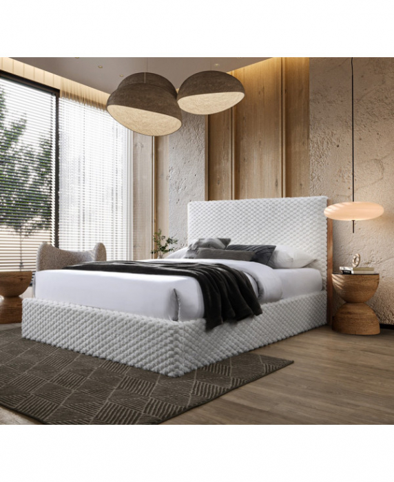 Pat tapitat Nordic cu stofa bucla, 160x200, cu somiera metalica rabatabila si spatiu de depozitare, culoare Bej