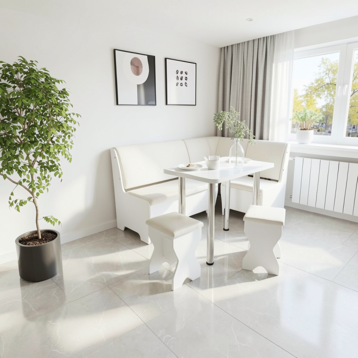 Set coltar bucatarie Tunis cu masa si 2 tabureti Alb Fildes [3]