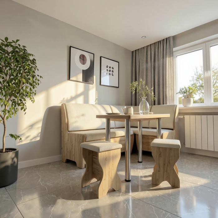 Set coltar bucatarie Tunis cu masa si 2 tabureti Stejar Aur Fildes [3]