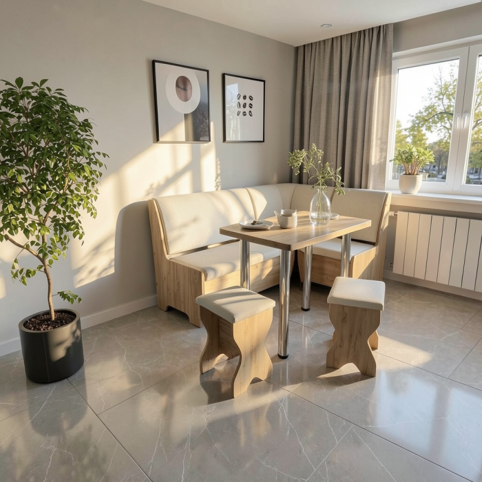 Set coltar bucatarie Tunis cu masa si 2 tabureti Stejar Aur Fildes