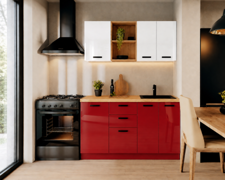 Bucatarii - Bucatarie Daria MDF V1, 140x60x200cm, Acril Alb+Rosu