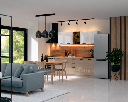 MOBILIER BUCATARIE - Bucatarie Daria MDF V1, 200x60x200cm, Acril Alb+Cappuccino