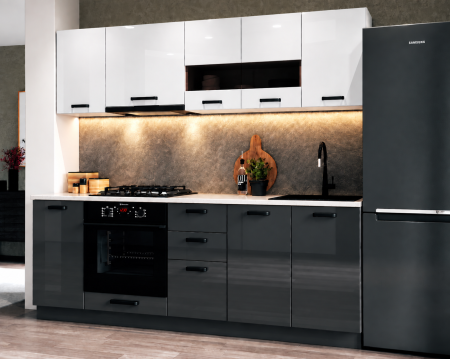 MOBILIER BUCATARIE - Bucatarie Daria MDF V1, 220x60x200cm, Acril Alb+Antracit