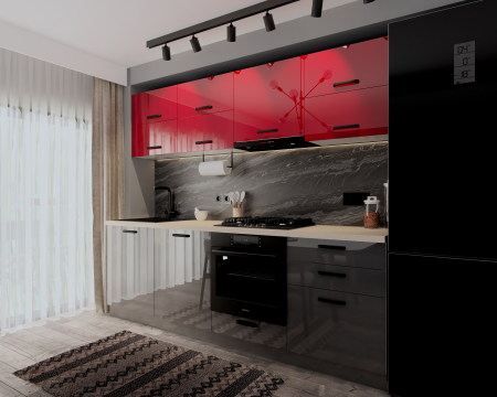 Bucatarie Daria V2, 240x60x200cm, Rosu+Antracit [1]