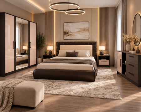MOBILIER DORMITOR - Dormitor Charm 5, pat tapitat 160x200cm, Wenge+Acril Cappuccino