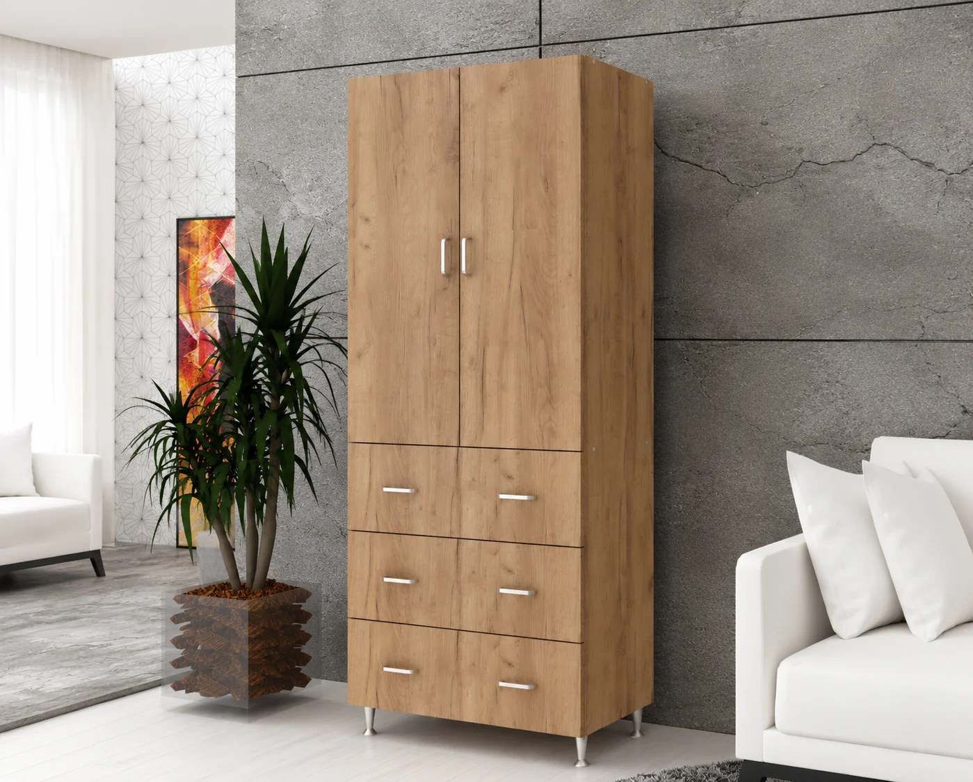 Dulapuri - Dulap 2Usi/3Sertare Stejar K003 70x35x180 cm