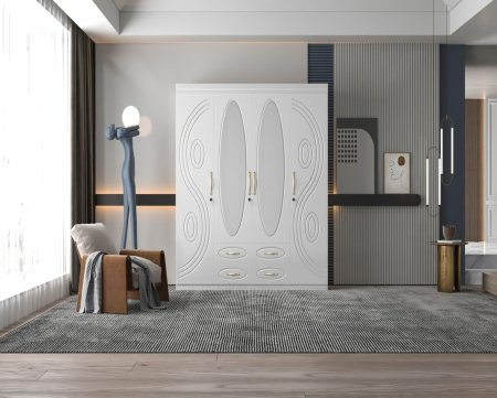 MOBILIER LIVING - Dulap ZQW-038 MDF - 4 Usi/4 Sertare 200x50x200 cm Alb