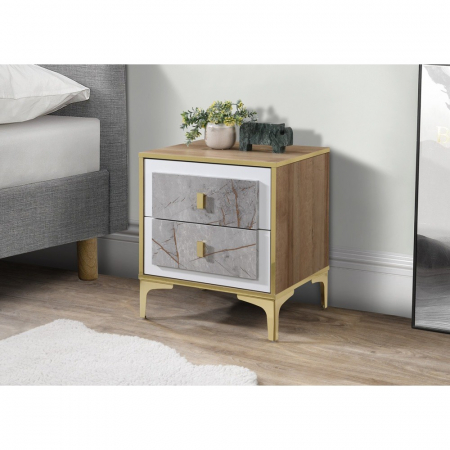 MOBILIER DORMITOR - Noptiera Nero cu 2 sertare, culoare Marmura + Aur, 50x41x57cm