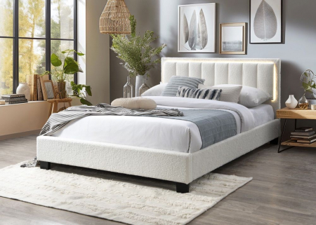 Paturi - Pat tapitat Comfort 1 cu LED, 180x200, cadru din lemn cu somiera fixa, culoare Crem