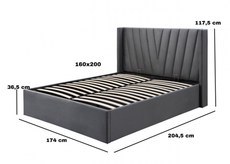 Pat tapitat Prestige 2, 160x200, cu somiera metalica rabatabila si spatiu de depozitare, culoare Gri [6]