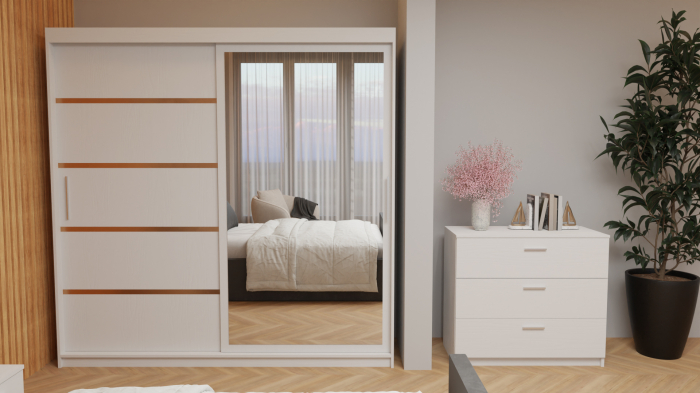 Dormitor Tony Tapitat Stofa Gri cu dulap 200*200 usi glisante Alb cu Oglinda, noptiere si comoda [3]