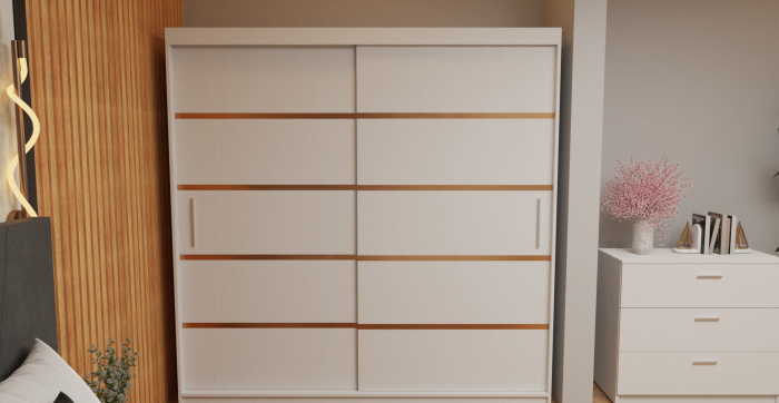 Dormitor Tony Tapitat Stofa Gri cu dulap 200*200 usi glisante Alb, noptiere si comoda [3]