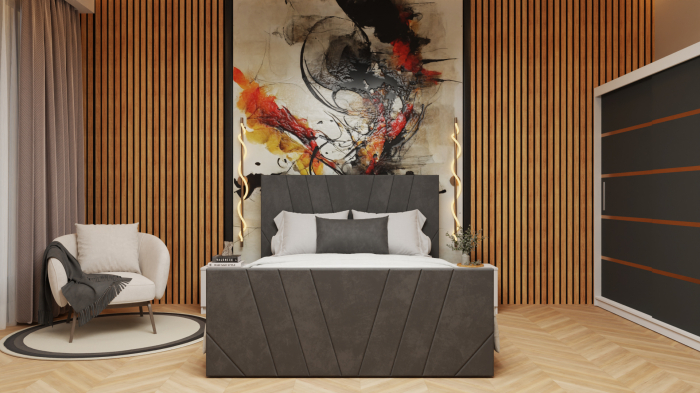 Dormitor Tony Tapitat Stofa Gri cu dulap 200*200 usi glisante Alb&Antracit, noptiere si comoda [1]