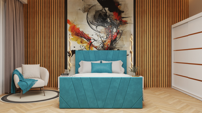 Dormitor  Tony Tapitat Stofa Turcoaz cu dulap 200*200 usi glisante Alb, noptiere si comoda [1]