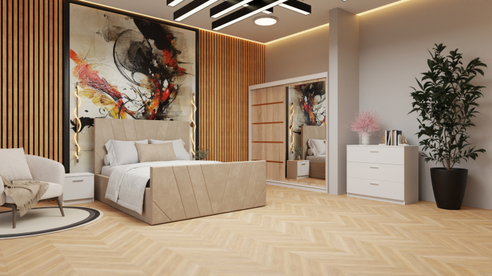 Dormitor Tony Tapitat Stofa Bej cu dulap 200*200 usi glisante Sonoma&Alb, Cu Oglinda, noptiere si comoda [3]