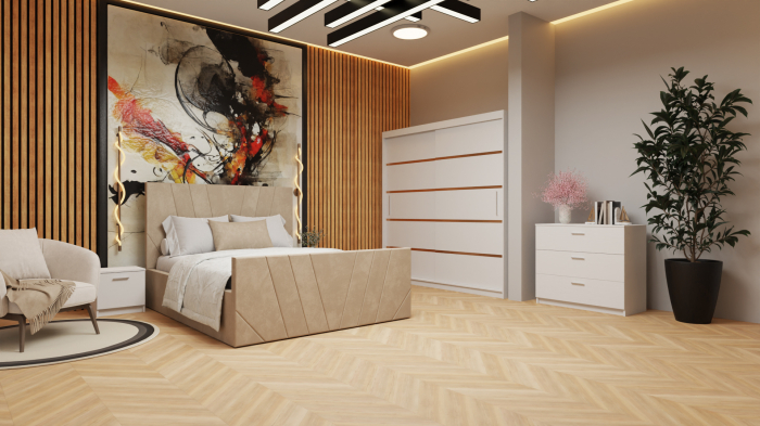 Dormitor Tony Tapitat Stofa Bej cu dulap 200*200 usi glisante Alb, noptiere si comoda [3]