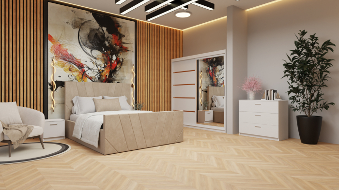 Dormitor Tony Tapitat Stofa Bej cu dulap 200*200 usi glisante Alb cu Oglinda, noptiere si comoda [3]