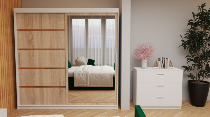 Dormitor Tony Tapitat Stofa Verde cu dulap 200*200 usi glisante Sonoma&Alb, Cu Oglinda, noptiere si comoda [3]