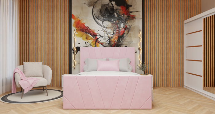 Dormitor Tony Tapitat Stofa Roz cu dulap 200*200 usi glisante Alb cu Oglinda, noptiere si comoda [1]