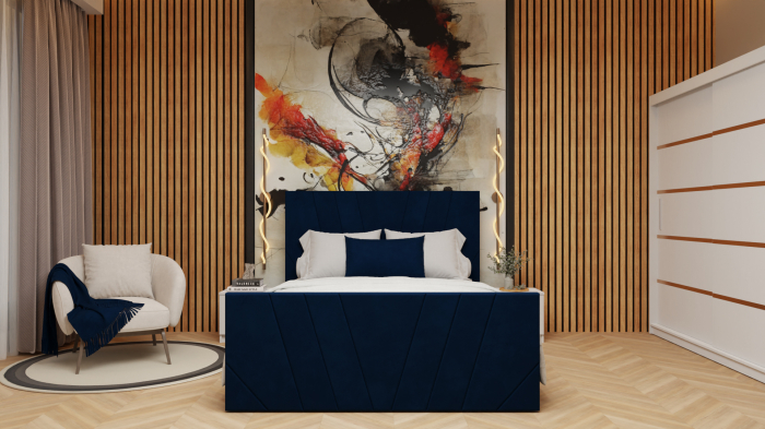 Dormitor Tony Tapitat Stofa Albastra cu dulap 200*200 usi glisante Alb, noptiere si comoda [1]